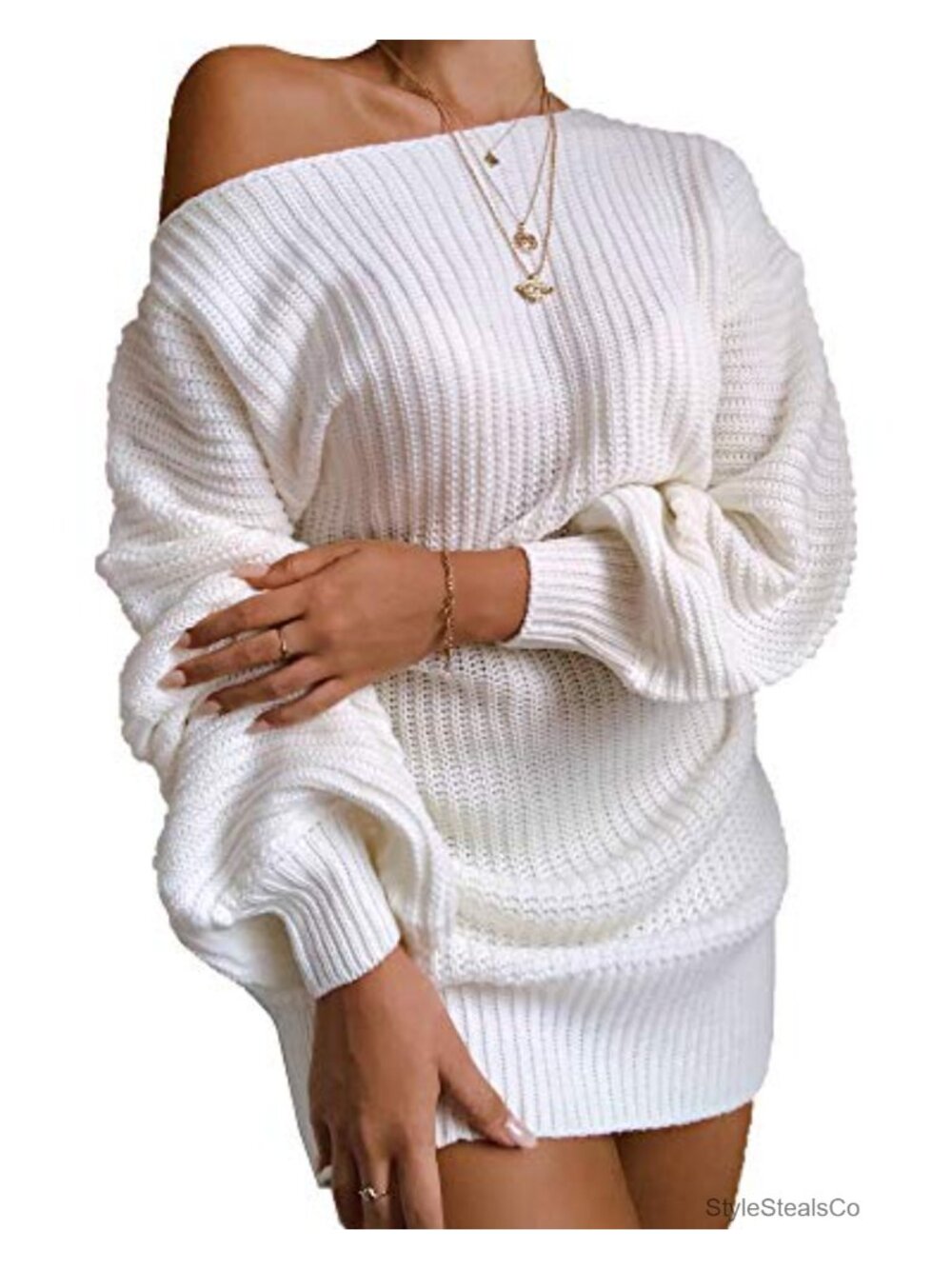 Oversized Off Shoulder Chunky Knit Sweater Dress Long Sleeve Pullover
